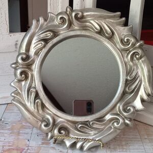 Baroque Mirror Ornate Framed 10.5" Round Circle Antique Silver Felt Back Plaster